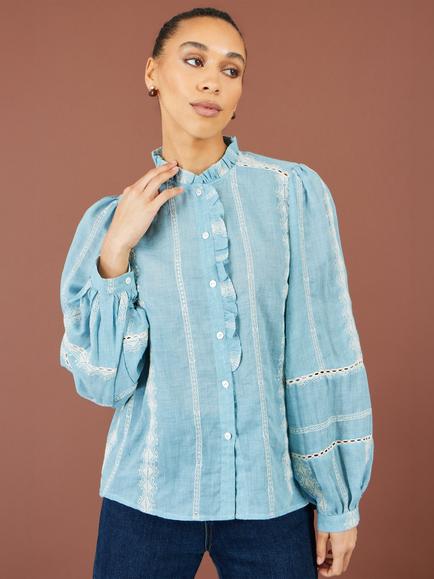 Yumi Cotton Embroidered Panel Shirt, Blue, Blue