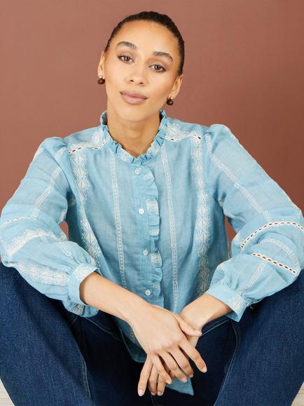 Yumi Cotton Embroidered Panel Shirt, Blue - view 2, Blue