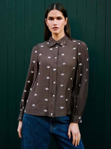 Yumi Daisy Embroidered Shirt, Brown, Brown