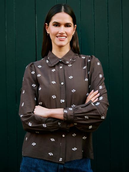 Yumi Daisy Embroidered Shirt, Brown - view 2, Brown