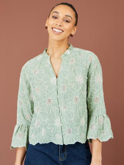 Yumi Daisy Broderie Shirt, Green