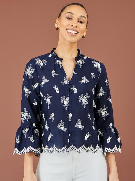 Yumi Cotton Broderie Fluted Sleeve Shirt, Navy, Navy