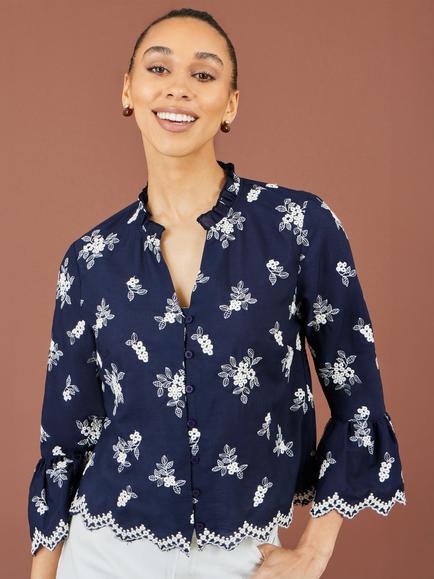 Yumi Cotton Broderie Fluted Sleeve Shirt, Navy - view 2, Navy
