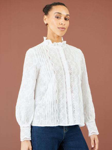 Yumi Cotton Lace Detail Floral Shirt, White, White