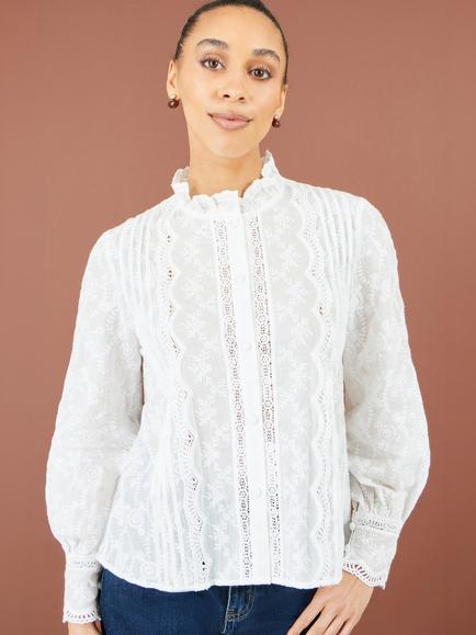 Yumi Cotton Lace Detail Floral Shirt, White - view 2, White