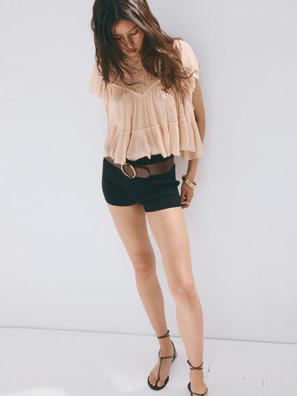 Mango Ruffled Embroidered Blouse, Pink, Pink