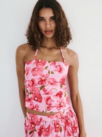 Mango Floral Halterneck Cami, Pink, Pink
