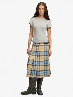 Superdry Check Pleated Midi Skirt, Blue/Beige Check, Blue/Beige Check