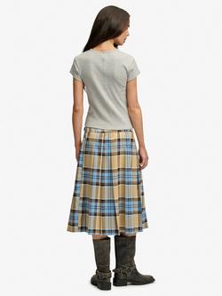 Superdry Check Pleated Midi Skirt, Blue/Beige Check - view 2, Blue/Beige Check