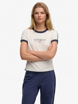 Superdry Athletic Essentials Graphic Ringer T-Shirt, Off White/Navy, Off White/Navy