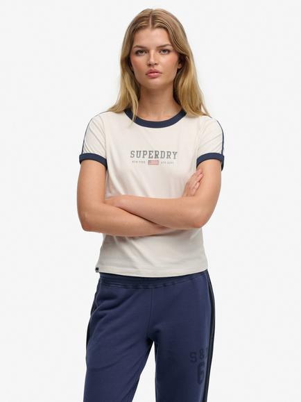Superdry Athletic Essentials Graphic Ringer T-Shirt, Off White/Navy, Off White/Navy