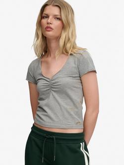 Superdry Athletic Essentials Gathered Short Sleeve Top, Grey Marl