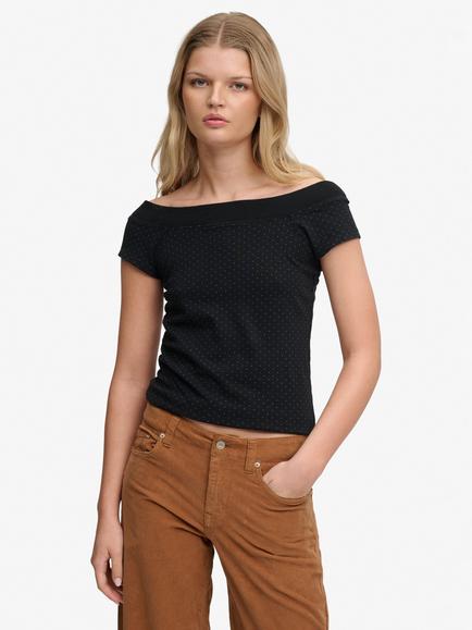 Superdry Cotton Athletic Off Shoulder Pattern Top, Black, Black