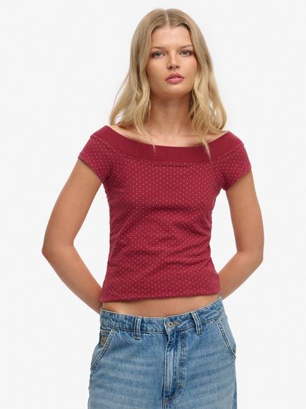 Superdry Cotton Athletic Off Shoulder Pattern Top, Black, Red/White