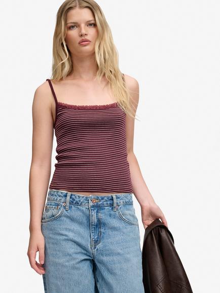 Superdry Athletic Essential Striped Lace Cami Top, Port Red/White