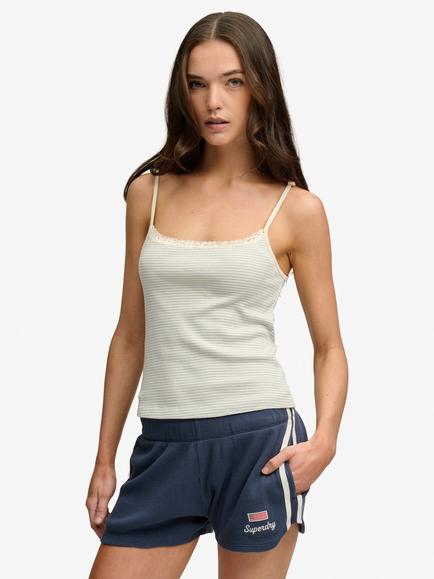 Superdry Athletic Essential Striped Lace Cami Top, Wildflower/Off White