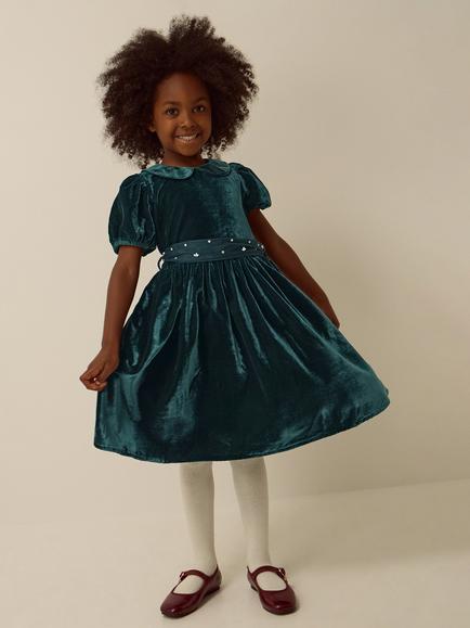 Monsoon Kids' Misty Velvet Puff Sleeve Dress, Green, Green