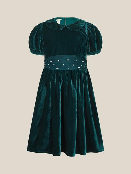 Monsoon Kids' Misty Velvet Puff Sleeve Dress, Green - view 2, Green