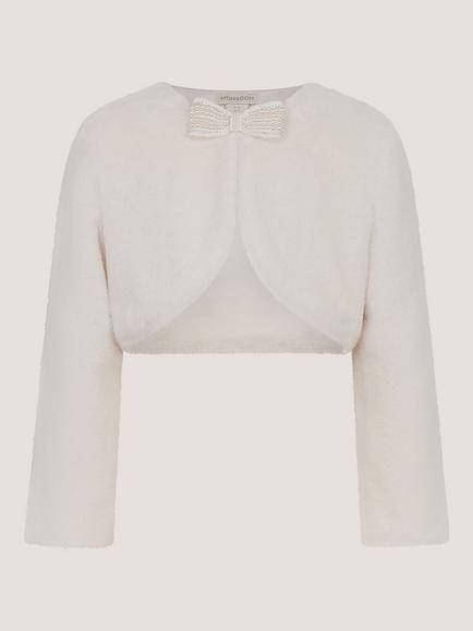 Monsoon Kids' Lara Embellished Bow Faux Fur Cardigan, Ivory, Ivory