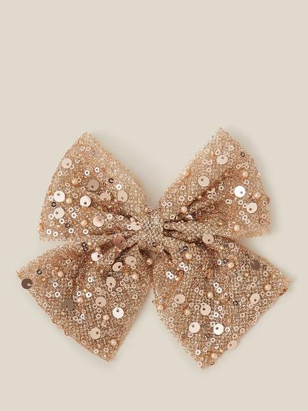 Monsoon Kids' Sequin and Pearl Bow Hair Clip, Rose Gold, Rose Gold