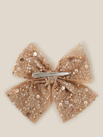 Monsoon Kids' Sequin and Pearl Bow Hair Clip, Rose Gold - view 2, Rose Gold