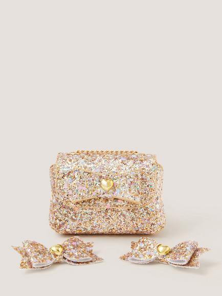 Monsoon Kids' Glitz Mini Bag and Hair Clip Set, Gold, Gold