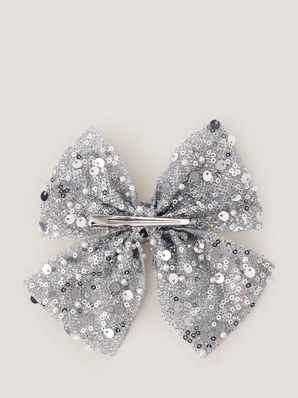 Monsoon Kids' Sequin Bow Hair Clip, Silver - view 2, Silver