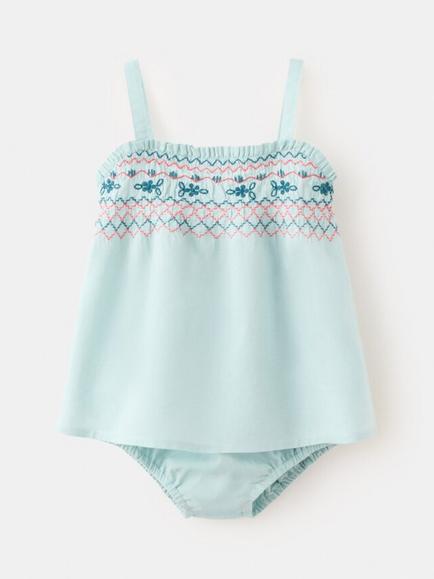 Mango Baby Smocked Floral Dress and Bloomers Set, Aqua, Aqua