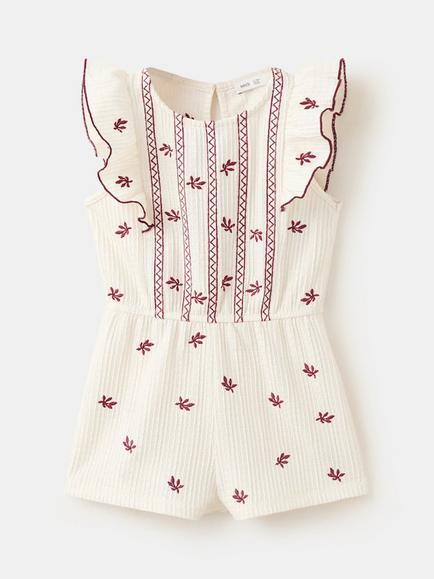 Mango Kids' Embroidered Flutter Sleeve Jumpsuit, Raw, Raw