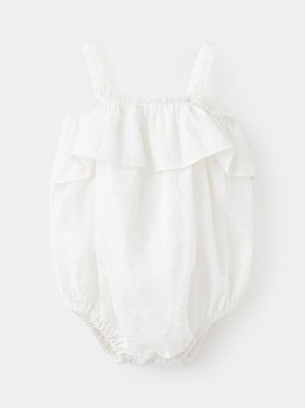 Mango Baby Embroidered Ruffle Romper, Off White, Off White