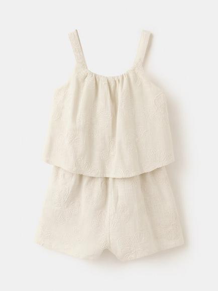 Mango Kids' Floral Cotton Playsuit, Beige, Beige