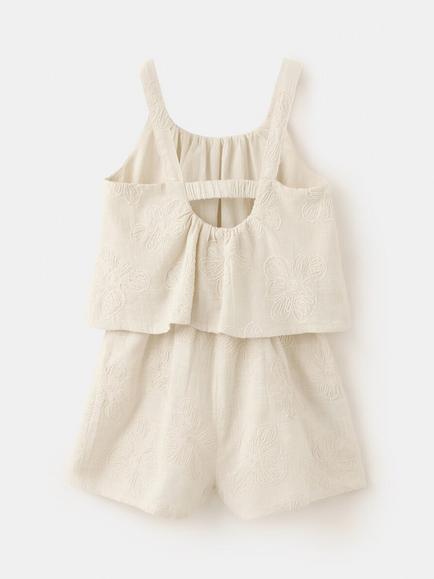 Mango Kids' Floral Cotton Playsuit, Beige - view 2, Beige