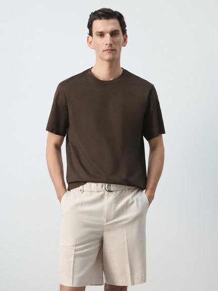Mango Cotton Crew Neck T-Shirt, Brown, Brown
