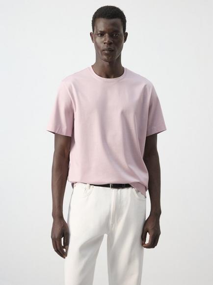 Mango Cotton Crew Neck T-Shirt, Brown, Pale Pink
