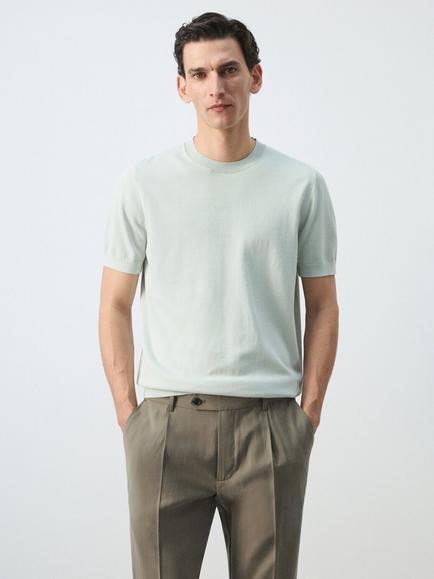 Mango Cotton Crew Neck T-Shirt, Midnight Blue, Pastel Green