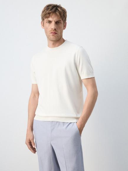 Mango Cotton Crew Neck T-Shirt, Midnight Blue, Off White
