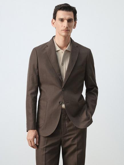 Mango Linen Blend Slim Fit Blazer, Brown, Brown