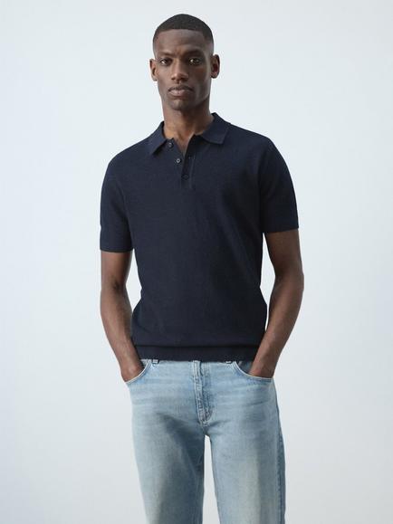 Mango Knit Polo Shirt, Navy, Navy