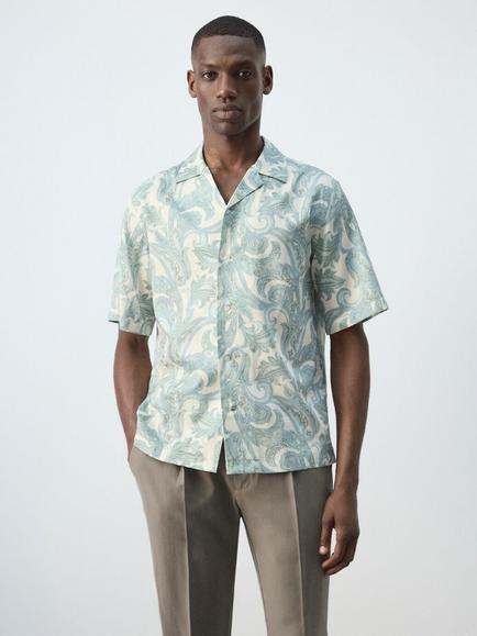 Mango Paisley Camp Collar Short Sleeve Shirt, Pastel Green, Pastel Green