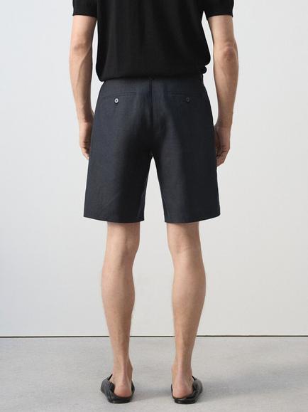 Mango Linen Slim Fit Shorts, Navy - view 2, Navy