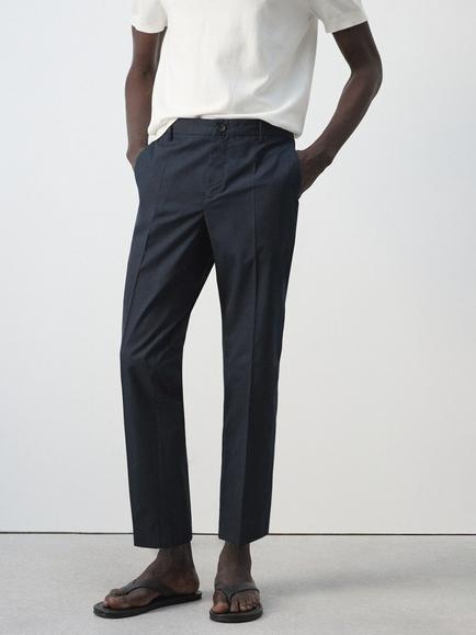 Mango Tailored Slim Fit Cotton Rich Suit Trousers, Navy, Navy