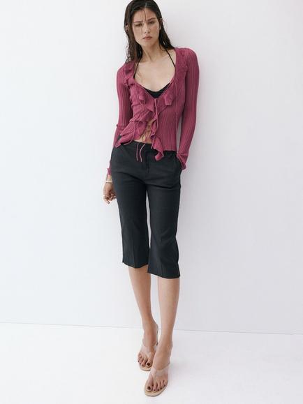 Mango Ruffled Ribbed Tie-Front Cardigan, Wine, Wine