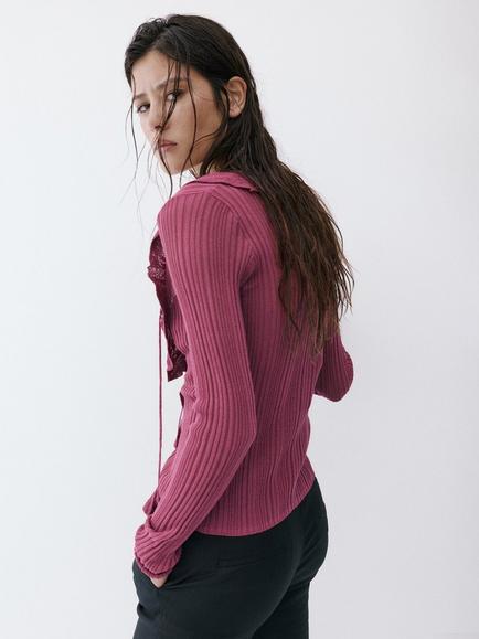Mango Ruffled Ribbed Tie-Front Cardigan, Wine - view 2, Wine