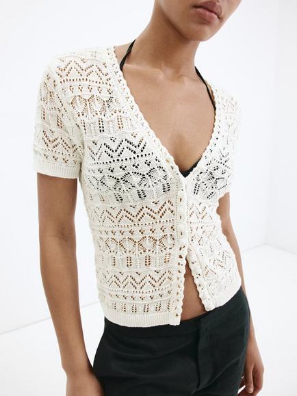 Mango Openwork Knit Slim V-Neck Cardigan, Raw, Raw