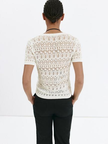 Mango Openwork Knit Slim V-Neck Cardigan, Raw - view 2, Raw