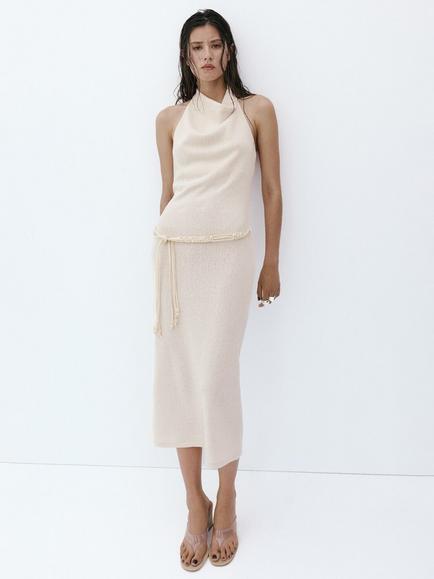 Mango Halterneck Cowl Midi Dress, Raw, Raw