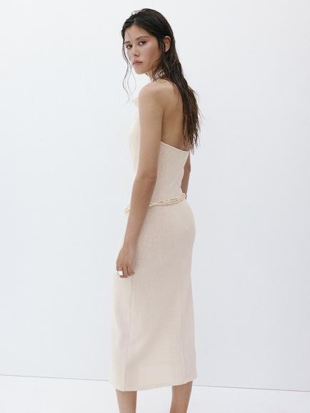 Mango Halterneck Cowl Midi Dress, Raw - view 2, Raw