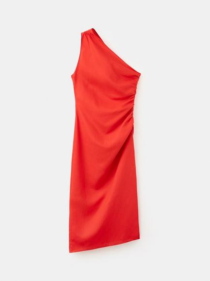 Mango Asymmetric Ruched Midi Dress, Orange