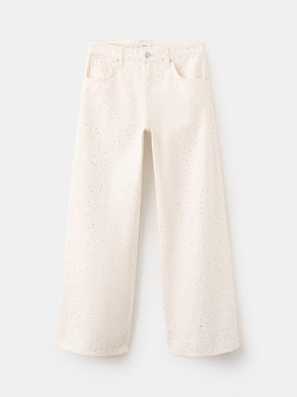 Mango Rhinestone Embellished Wide Leg Jeans, Off White, Off White