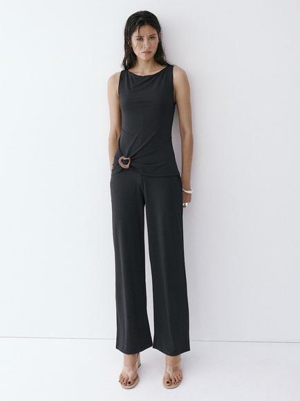 Mango Resin Detail Wide Leg Jumpsuit, Black, Black